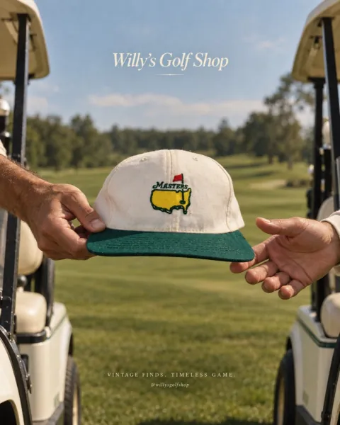 Willy's Golf Shop — vintage Masters hat ad on a golf course